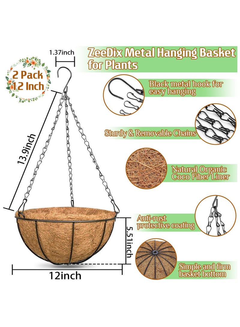 مجموعة من 3 سلال معدنية معلقة للزراعة مقاس 12 بوصة مع بطانات من جوز الهند الطبيعي - أواني زهور معلقة للاستخدام الداخلي والخارجي للحديقة والشرفة والخضراوات والمزيد - Image 5