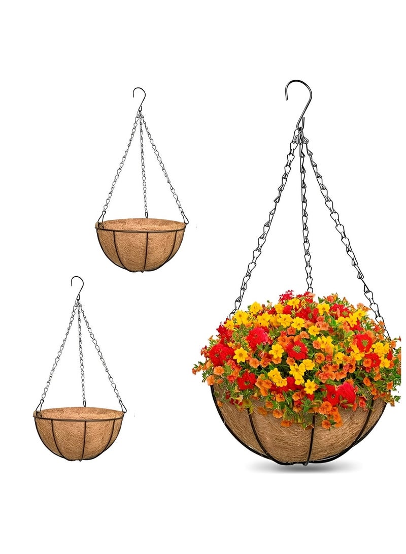 مجموعة من 3 سلال معدنية معلقة للزراعة مقاس 12 بوصة مع بطانات من جوز الهند الطبيعي - أواني زهور معلقة للاستخدام الداخلي والخارجي للحديقة والشرفة والخضراوات والمزيد - Image 1