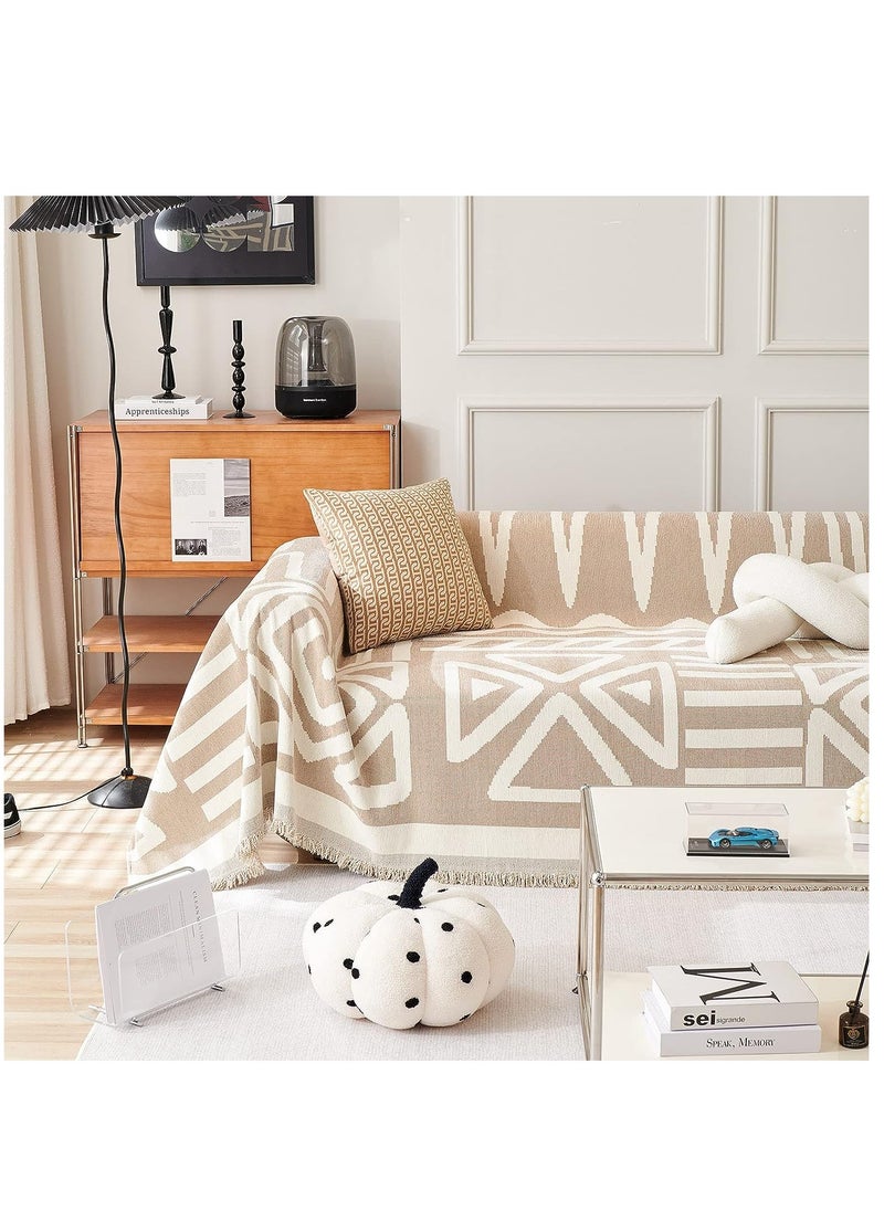 XiuWoo Geometric Jacquard Sofa Cover Soft Texture Washable Decorative Sofa Cover For 3 Cushion Sofa Furniture Protective Cover Sofa Cover With Tassel 180*300 CM,Khaki  - Image 2