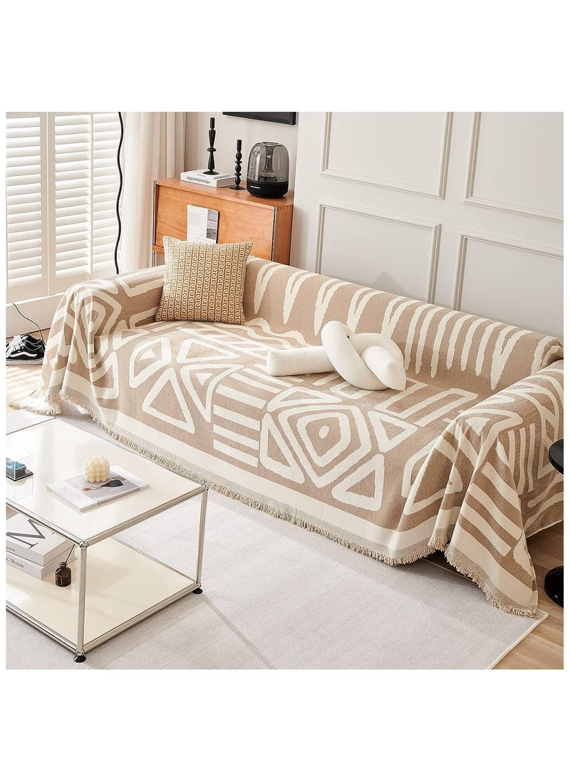 XiuWoo Geometric Jacquard Sofa Cover Soft Texture Washable Decorative Sofa Cover For 3 Cushion Sofa Furniture Protective Cover Sofa Cover With Tassel 180*300 CM,Khaki  - Image 3