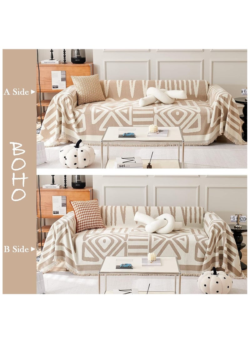 XiuWoo Geometric Jacquard Sofa Cover Soft Texture Washable Decorative Sofa Cover For 3 Cushion Sofa Furniture Protective Cover Sofa Cover With Tassel 180*300 CM,Khaki  - Image 5