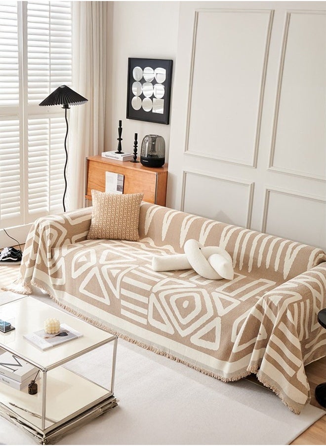 XiuWoo Geometric Jacquard Sofa Cover Soft Texture Washable Decorative Sofa Cover For 3 Cushion Sofa Furniture Protective Cover Sofa Cover With Tassel 180*300 CM,Khaki  - Image 1