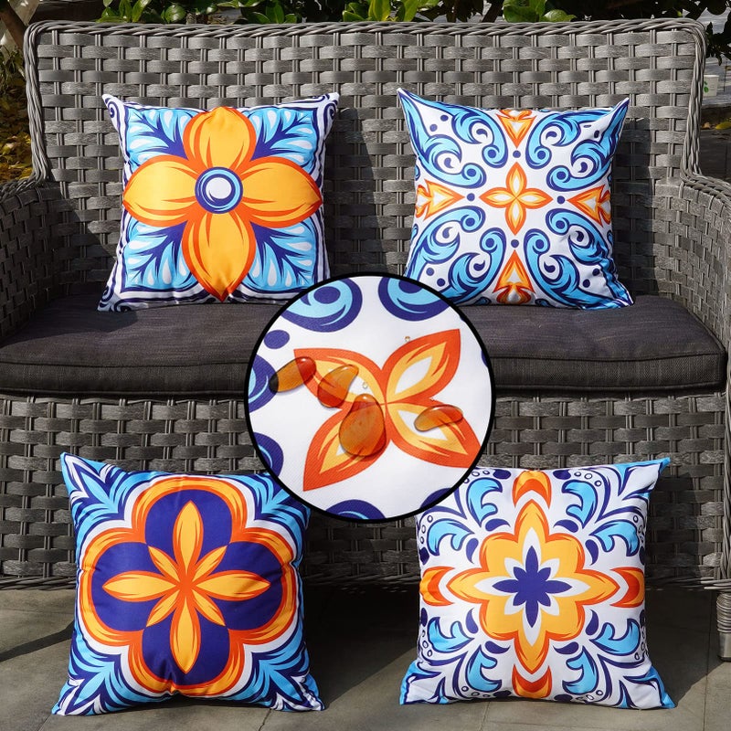 ONWAY Outdoor Pillow Covers Waterproof 16x16 Set of 4 Floral Boho Decorative Throw Cushion Cover Farmhouse Pillows for Bench Couch Patio Furniture