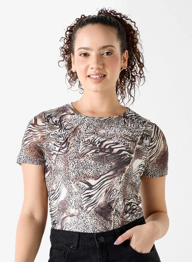 Splash FAV All-Over Animal Print T-shirt with Ruched Detail