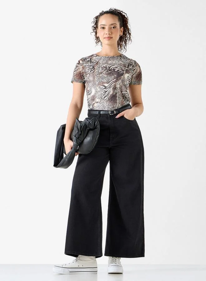 Splash FAV All-Over Animal Print T-shirt with Ruched Detail