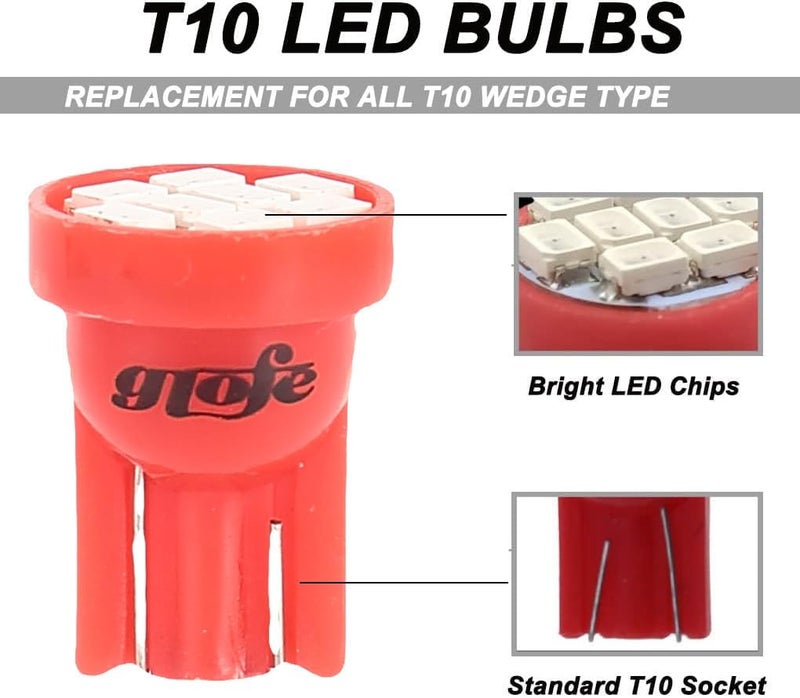 GLOFE Red T10 194 168 LED Instrument Panel Gauge Cluster Dashboard Lights Bulbs - 10Pcs Set - Image 2