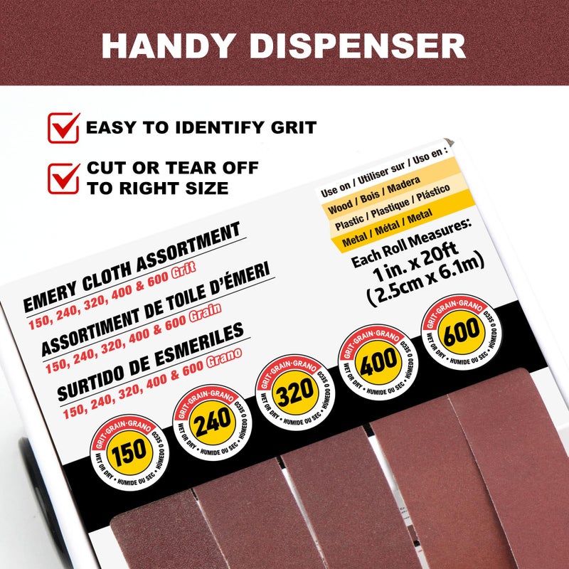 LotFancy Emery Cloth Roll, 5 Grits Sandpaper Assortment, 150 240 320 400 600 Grit Assorted Sand Paper with Dispenser, Wet Dry Sanding Paper for Wood, Metal, Plastic, 1 inch x 20ft per Roll - Image 5