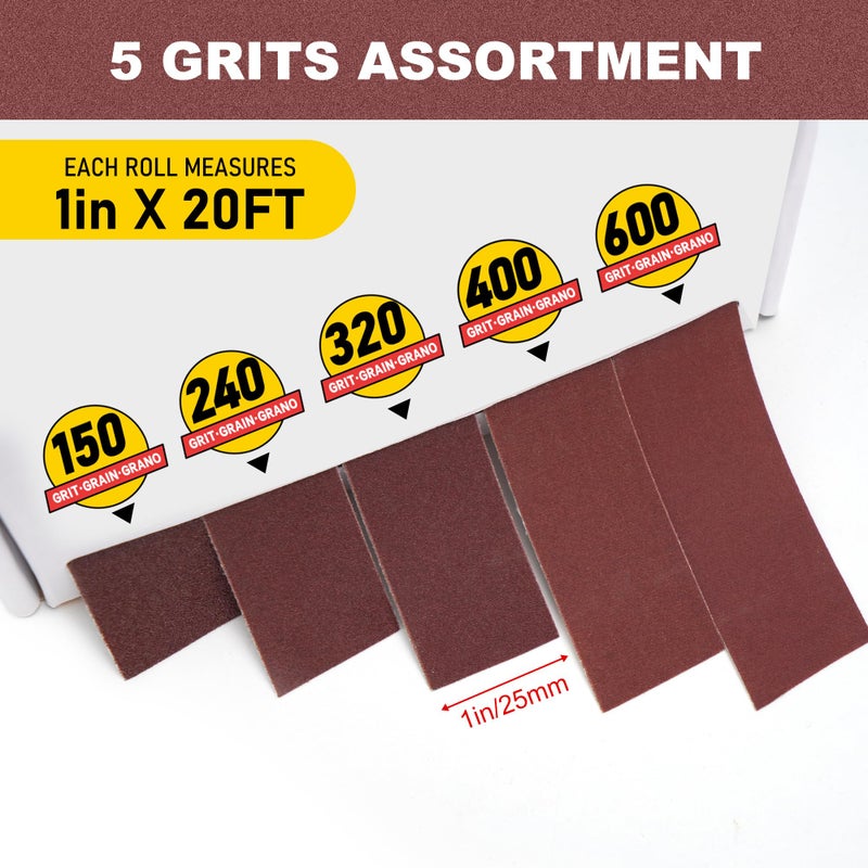 LotFancy Emery Cloth Roll, 5 Grits Sandpaper Assortment, 150 240 320 400 600 Grit Assorted Sand Paper with Dispenser, Wet Dry Sanding Paper for Wood, Metal, Plastic, 1 inch x 20ft per Roll - Image 2