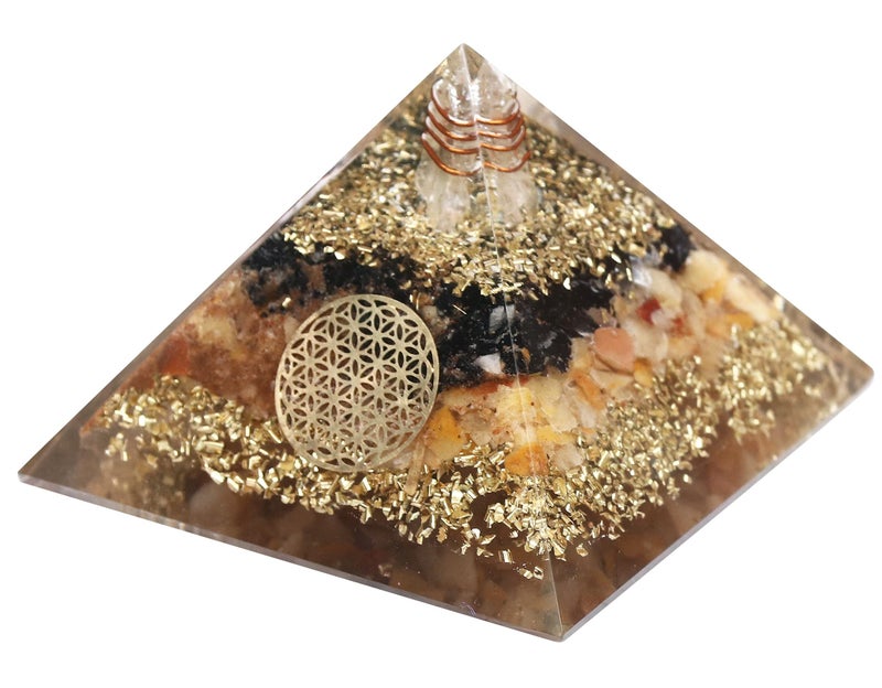 Crocon Yellow Aventurine Black Tourmaline Orgone Pyramid with Flower of Life Symbol Pyramids Healing Stone orgonite Gemstone Pyramid Reiki Crystal Chakra organite size25 inch