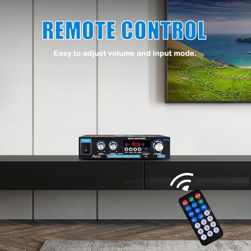 WOOPKER AK35 200W Stereo Audio Amplifier Bluetooth 5.0, 2.0 Channel Mini Amplifier Stereo Receivers with Bass & Treble Control,Home Amplifier w/AUX, USB, SD Card Input,Remote Control - Image 2