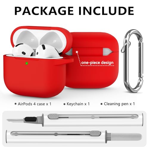 Ljusmicker for AirPods 4 Case 2024 with Cleaner Kit,Soft Silicone Protective Cover for Apple AirPods 4th Generation Cases for Women Men,for AirPod 4 Case Accessories with Keychain-Deep Red - Image 3