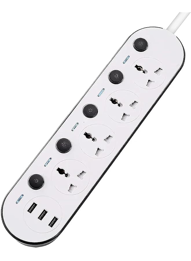 promass 5 Meter Universal Power Extension Cord with 4 Outlets and 3 USB Ports, Power Strip with Surge Protection, Heavy Duty Universal Extension Lead - White - Image 1