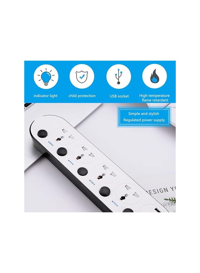 promass 5 Meter Universal Power Extension Cord with 4 Outlets and 3 USB Ports, Power Strip with Surge Protection, Heavy Duty Universal Extension Lead - White - Image 2