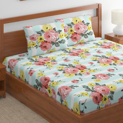 Home Ecstasy 100% Cotton King Bedsheet with 2 Pillow Covers - (Size 108 x 108 inches, 140 TC, Colour - Seagreen: Aqua Dreamy) - Image 1