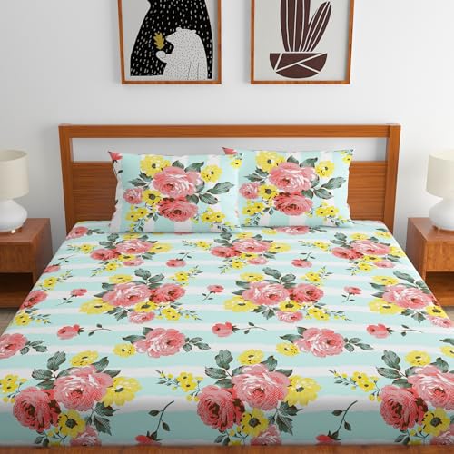 Home Ecstasy 100% Cotton King Bedsheet with 2 Pillow Covers - (Size 108 x 108 inches, 140 TC, Colour - Seagreen: Aqua Dreamy) - Image 2