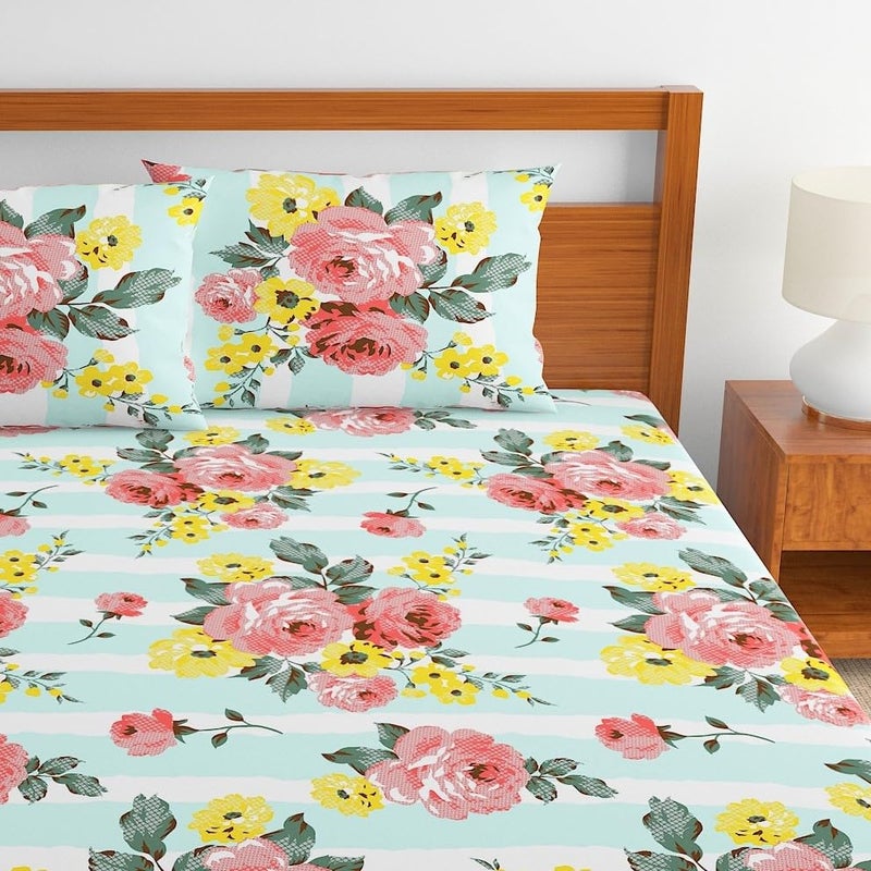 Home Ecstasy 100% Cotton King Bedsheet with 2 Pillow Covers - (Size 108 x 108 inches, 140 TC, Colour - Seagreen: Aqua Dreamy) - Image 3