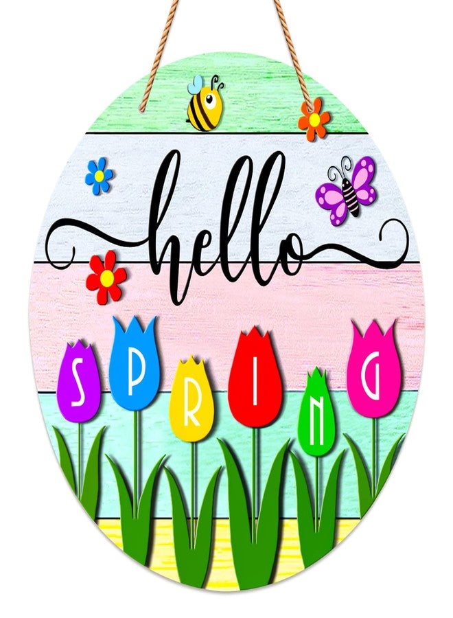 JUESMOS Hello Spring Door Decorations Colorful Tulip Flowers Spring Wreath Sign for Front Door Welcome Spring Door Sign Farmhouse Spring Decorations for Home Wreath Wall Porch Indoor Outdoor - Image 1
