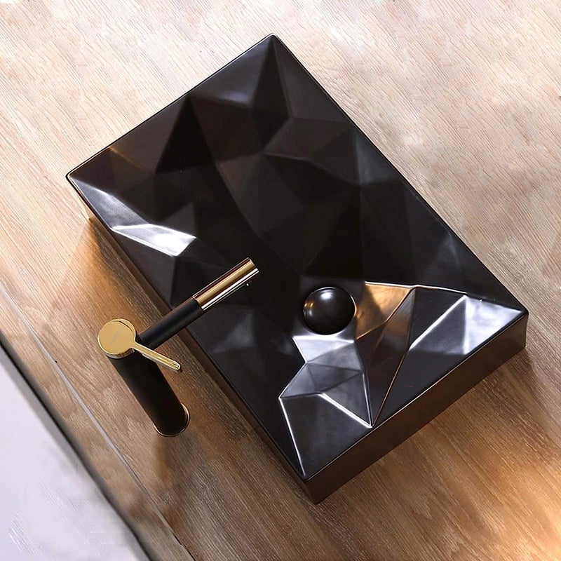 OBLONG Table Top Wash Basin Wash Basin Countertop Tabletop Ceramic Bathroom Sink Vessel Sink Over Counter Marble Wash Basin For Bathroom Modern Rectangular Matt Black  - Image 3