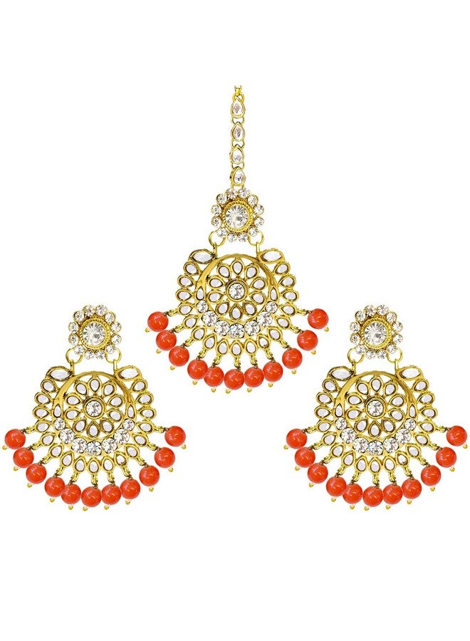 Aheli Exquisite Design Faux Kundan Beaded Earrings Maang Tikka Set Ethnic Indian Jewelry For Women (Orange) - Image 1