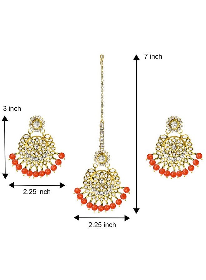 Aheli Exquisite Design Faux Kundan Beaded Earrings Maang Tikka Set Ethnic Indian Jewelry For Women (Orange) - Image 4