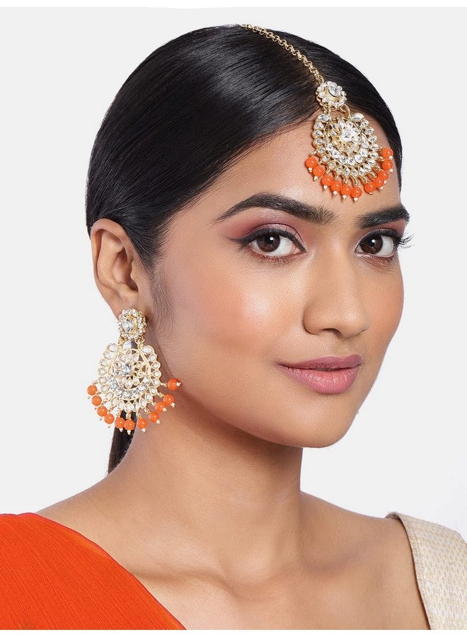 Aheli Exquisite Design Faux Kundan Beaded Earrings Maang Tikka Set Ethnic Indian Jewelry For Women (Orange) - Image 2