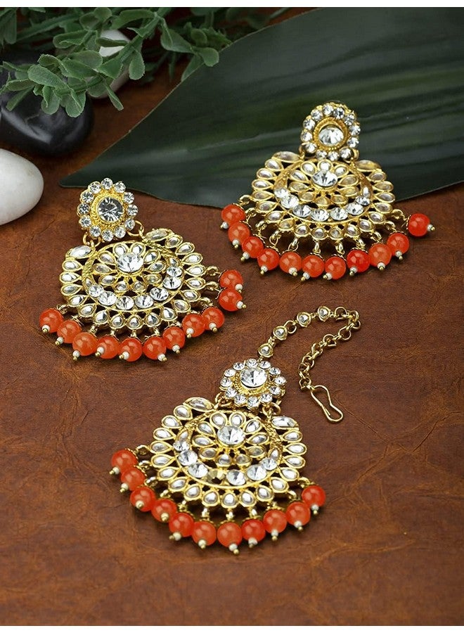 Aheli Exquisite Design Faux Kundan Beaded Earrings Maang Tikka Set Ethnic Indian Jewelry For Women (Orange) - Image 3
