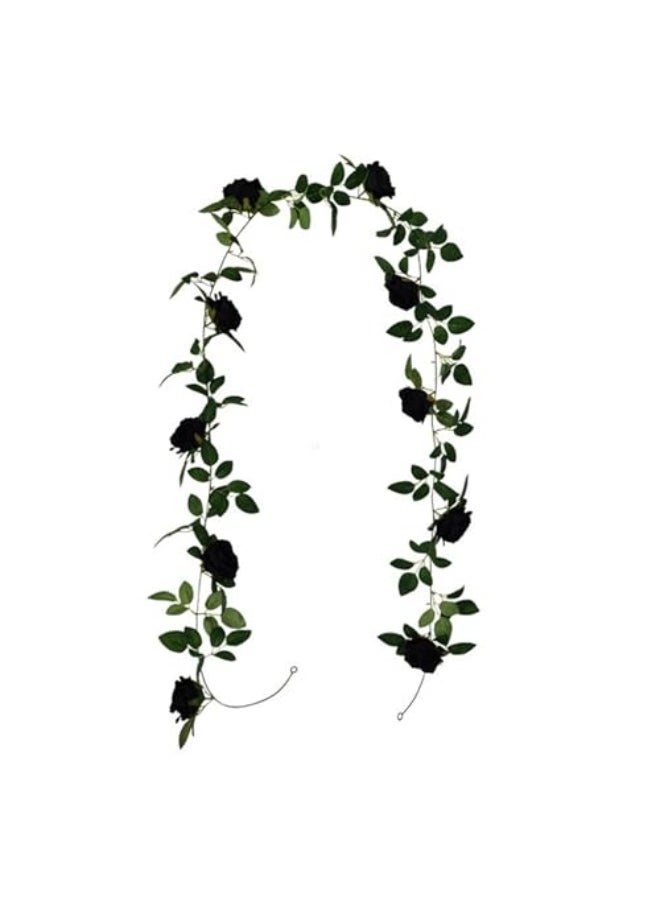 Generic Artificial Eucalyptus Garland with Black Roses Artificial Rose Vine Hanging Flower Garland Fake Flower Plants,Black Silk Flower Garland for Wedding  Home Decor (2.5m)  - Image 1