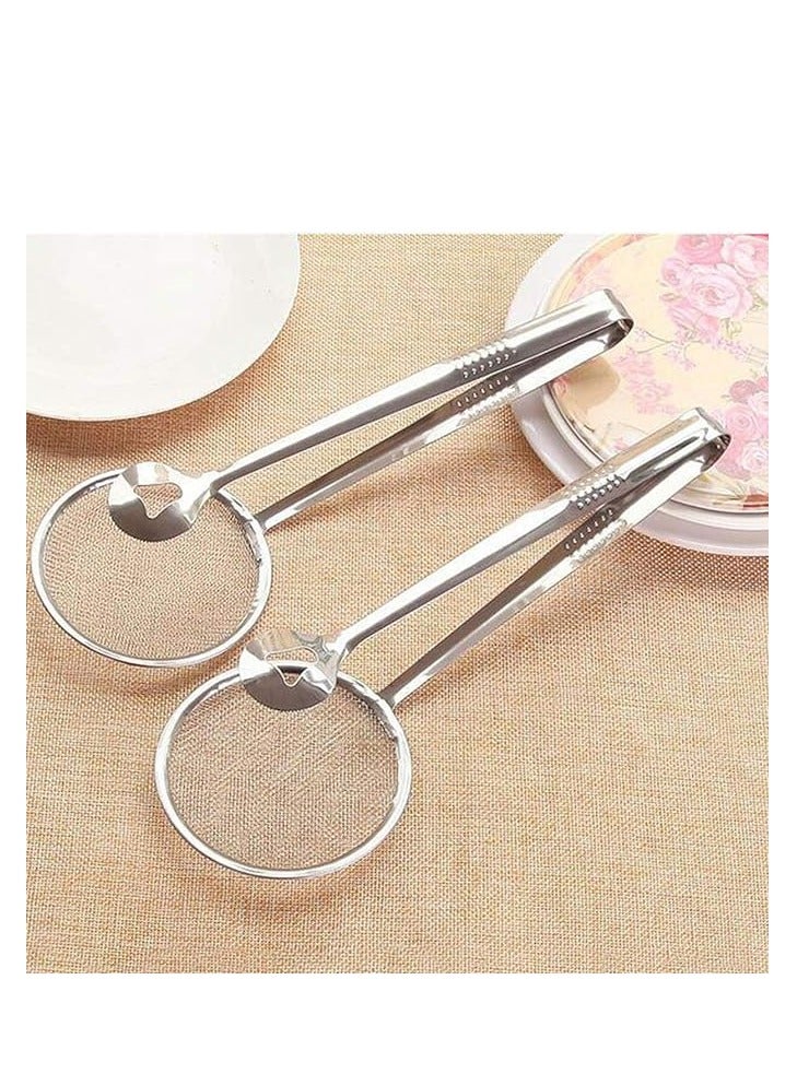 HOME ZONE Stainless Steel Fine Mesh Strainer Tongs Oil Filter Spoon 2 in 1 Oil Skimmer Colander with Clip for Filter Oil frying Multi functional BBQ Filter Clamp Strainer Kitchen Tools (Oil Filter Tongs) 2 Pack - Image 1