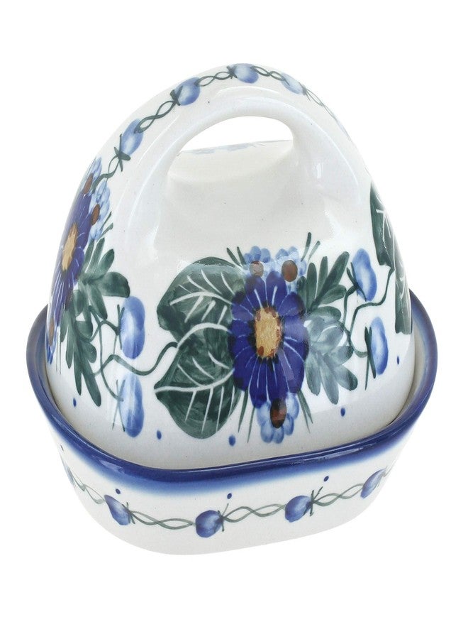 Blue Rose Pottery طبق زبدة من الخزف البولندي "بلو روز" - مزين بزهرة "لا تنساني" الزرقاء - يتسع لقطعة زبدة واحدة - طبق زبدة لتنظيم وتخزين الزبدة على سطح الطاولة - Image 1