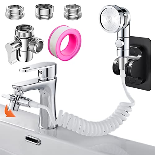 Roscid Sink Handheld Shower Kit with 9.8ft Telescopic Hose, Kitchen Bathroom Faucet Sprayer Attachment with 3 Adapters M22 M24 G1/2, for Hair Washing, Baby Shower, Pet Shower (Faucet Not Included) - Image 1