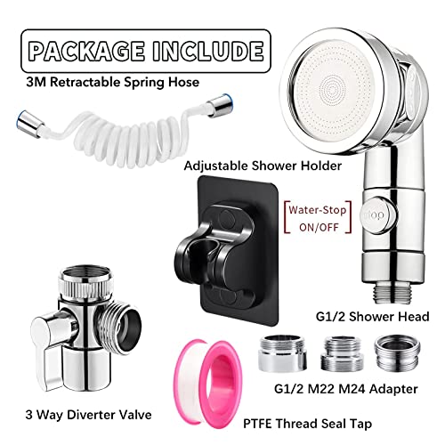 Roscid Sink Handheld Shower Kit with 9.8ft Telescopic Hose, Kitchen Bathroom Faucet Sprayer Attachment with 3 Adapters M22 M24 G1/2, for Hair Washing, Baby Shower, Pet Shower (Faucet Not Included) - Image 3