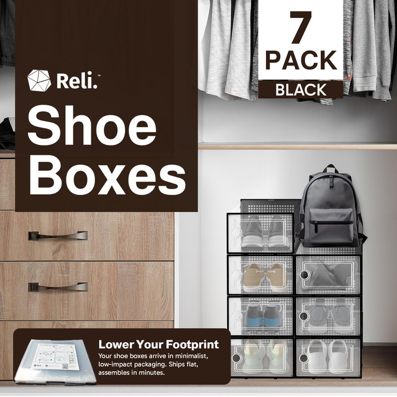 Reli. Shoe Boxes (7 Pack) | Clear Shoe Storage Boxes Stackable and Compact | Lightweight Plastic Storage Box with Ventilation Holes, Swing Door | Interlocking Containers, Stackable Rack | Black - Image 2