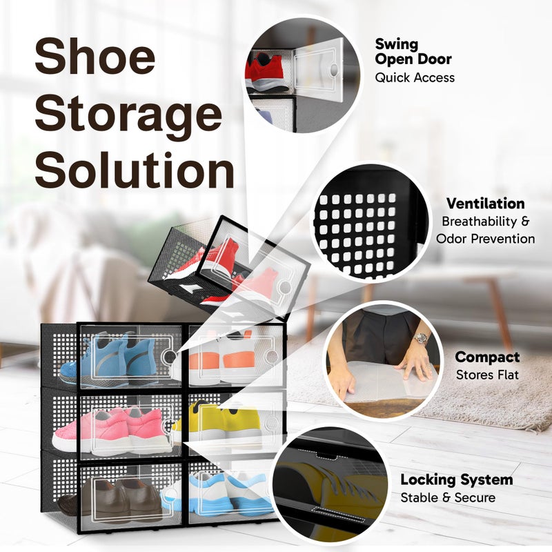 Reli. Shoe Boxes (7 Pack) | Clear Shoe Storage Boxes Stackable and Compact | Lightweight Plastic Storage Box with Ventilation Holes, Swing Door | Interlocking Containers, Stackable Rack | Black - Image 5