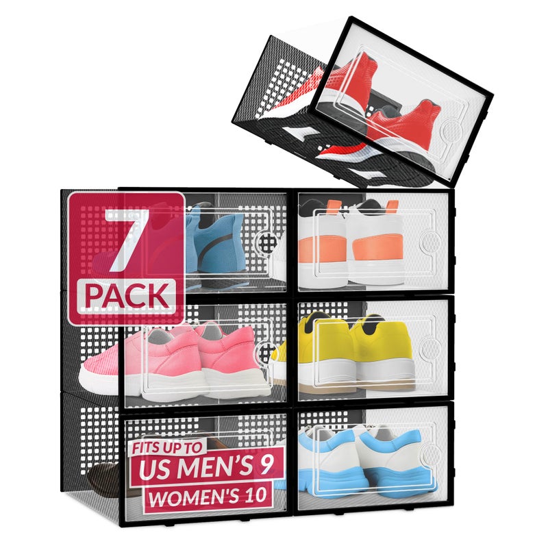 Reli. Shoe Boxes (7 Pack) | Clear Shoe Storage Boxes Stackable and Compact | Lightweight Plastic Storage Box with Ventilation Holes, Swing Door | Interlocking Containers, Stackable Rack | Black - Image 1