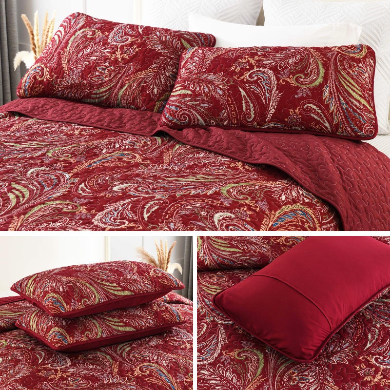 WONGS BEDDING Boho Quilt Set King,3 Pieces Red Paisley Pattern Bedspread Coverlet Set,Lightweight Microfiber Bohemian Bedding Set for All Season 104"Ã—90" - Image 3
