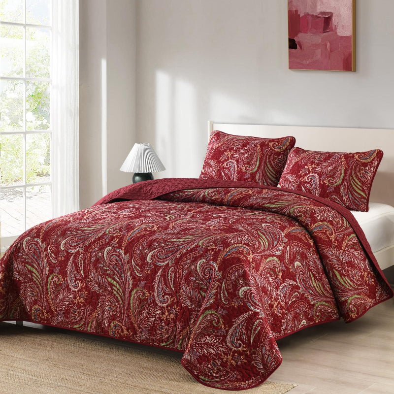 WONGS BEDDING Boho Quilt Set King,3 Pieces Red Paisley Pattern Bedspread Coverlet Set,Lightweight Microfiber Bohemian Bedding Set for All Season 104"Ã—90" - Image 2