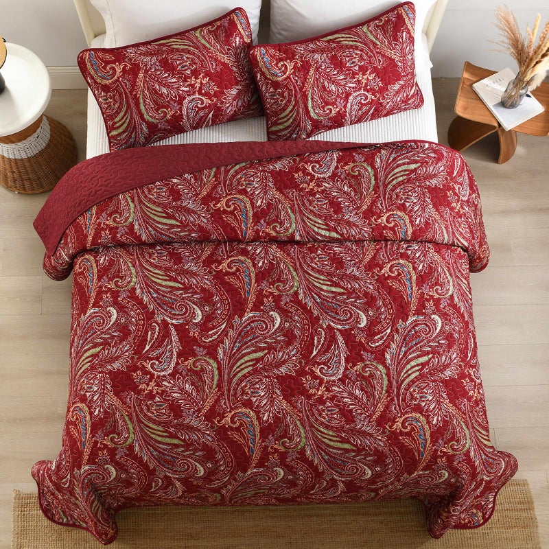 WONGS BEDDING Boho Quilt Set King,3 Pieces Red Paisley Pattern Bedspread Coverlet Set,Lightweight Microfiber Bohemian Bedding Set for All Season 104"Ã—90" - Image 5