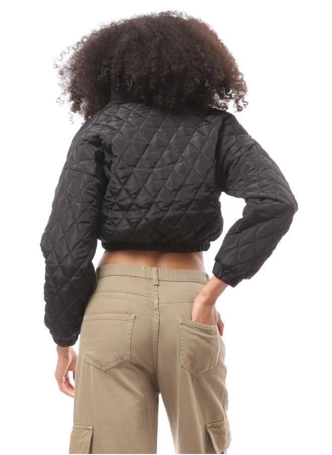RAVIN - Black Quilted Cropped Bomber Jacket with Hem - Image 1