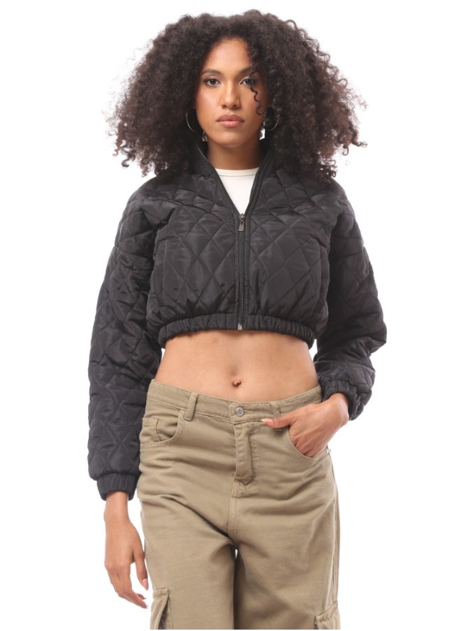 RAVIN - Black Quilted Cropped Bomber Jacket with Hem - Image 1