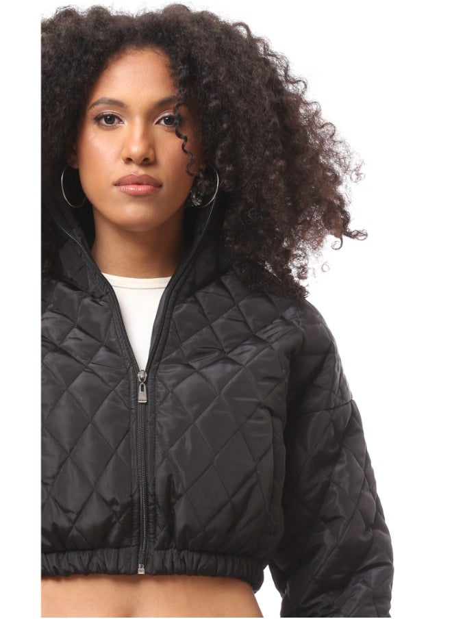 RAVIN - Black Quilted Cropped Bomber Jacket with Hem - Image 1