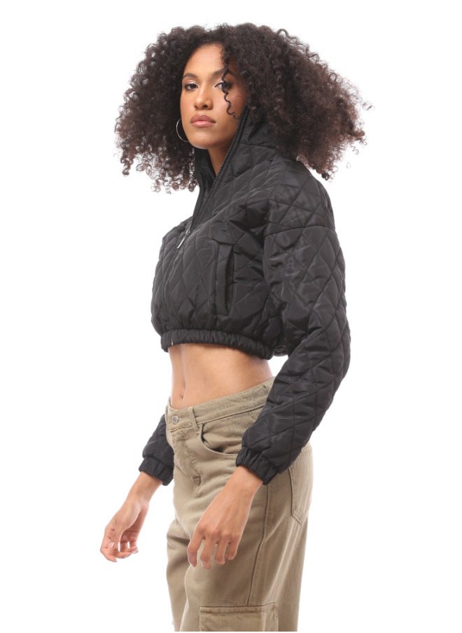RAVIN - Black Quilted Cropped Bomber Jacket with Hem - Image 1