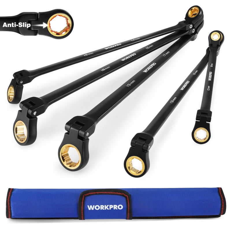 WORKPRO Extra Long Flex-Head Ratcheting Wrench Set, 5-piece Anti-Slip Double Box Wrenches Set, Metric 8-19 mm, 72-Teeth, Cr-V Steel and Black Electrophoretic Coating Wrenches with Rolling Pouch - Image 1