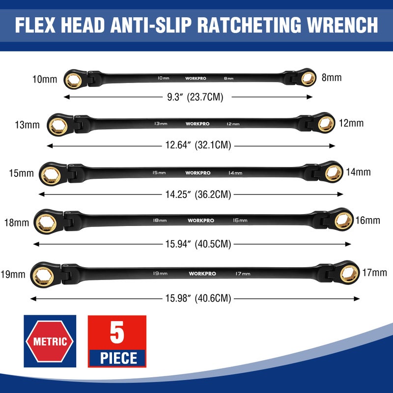 WORKPRO Extra Long Flex-Head Ratcheting Wrench Set, 5-piece Anti-Slip Double Box Wrenches Set, Metric 8-19 mm, 72-Teeth, Cr-V Steel and Black Electrophoretic Coating Wrenches with Rolling Pouch - Image 4
