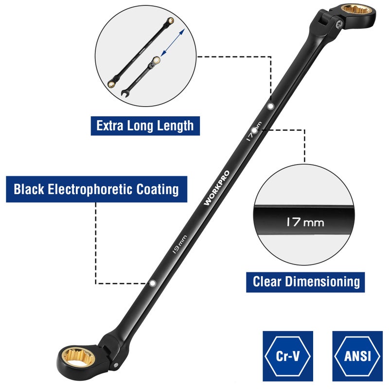 WORKPRO Extra Long Flex-Head Ratcheting Wrench Set, 5-piece Anti-Slip Double Box Wrenches Set, Metric 8-19 mm, 72-Teeth, Cr-V Steel and Black Electrophoretic Coating Wrenches with Rolling Pouch - Image 5