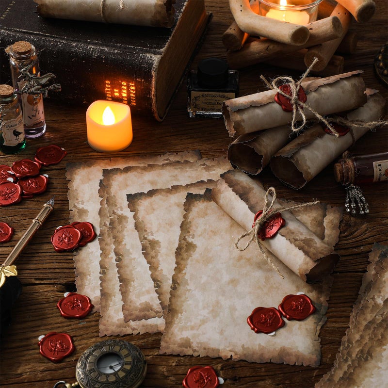 Sinload Vintage Writing Invitations Set Includes 100 Letter Antique Scroll Rustic Papers 100 Wax Seal Stickers 3 Strands of Twine for Valentines Mother Stationery Old Medieval Cardstock(5 x 7 Inch) - Image 4