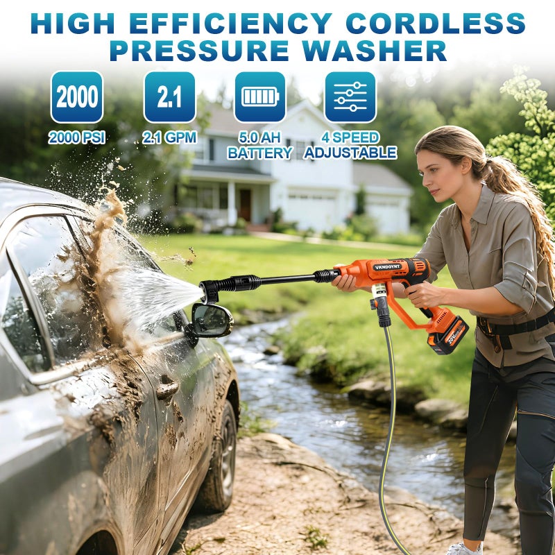 Vkndoynt Cordless Pressure Washer with Faucet & Garden Hose Connector, 2 X 5.0AH Batteries, 2000PSI MAX Portable Pressure Washer with Brushless Motor, 4 Speed Adjustment LCD Touch Screen, 6-in-1 Nozzle - Image 2