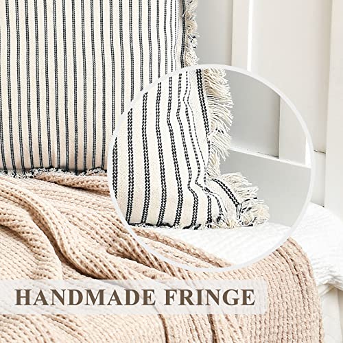 ZWJD Throw Pillow Covers 18x18 Set of 2 Striped Pillow Covers with Fringe Chic Cotton Decorative Pillows Square Cushion Covers for Sofa Couch Bed Living Room Farmhouse Decor - Image 5