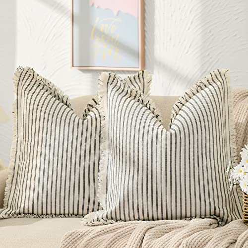 ZWJD Throw Pillow Covers 18x18 Set of 2 Striped Pillow Covers with Fringe Chic Cotton Decorative Pillows Square Cushion Covers for Sofa Couch Bed Living Room Farmhouse Decor - Image 1