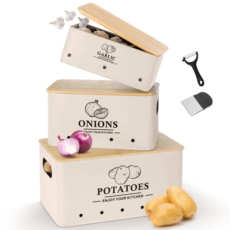 Dekosilave Kitchen Vegetable Storage Set of 3, Metal Onion Garlic Potato Storage Set, Kitchen Canisters Vegetable Keeper Containers with Aerating Holes and Wooden Lid (Beige) - Image 1