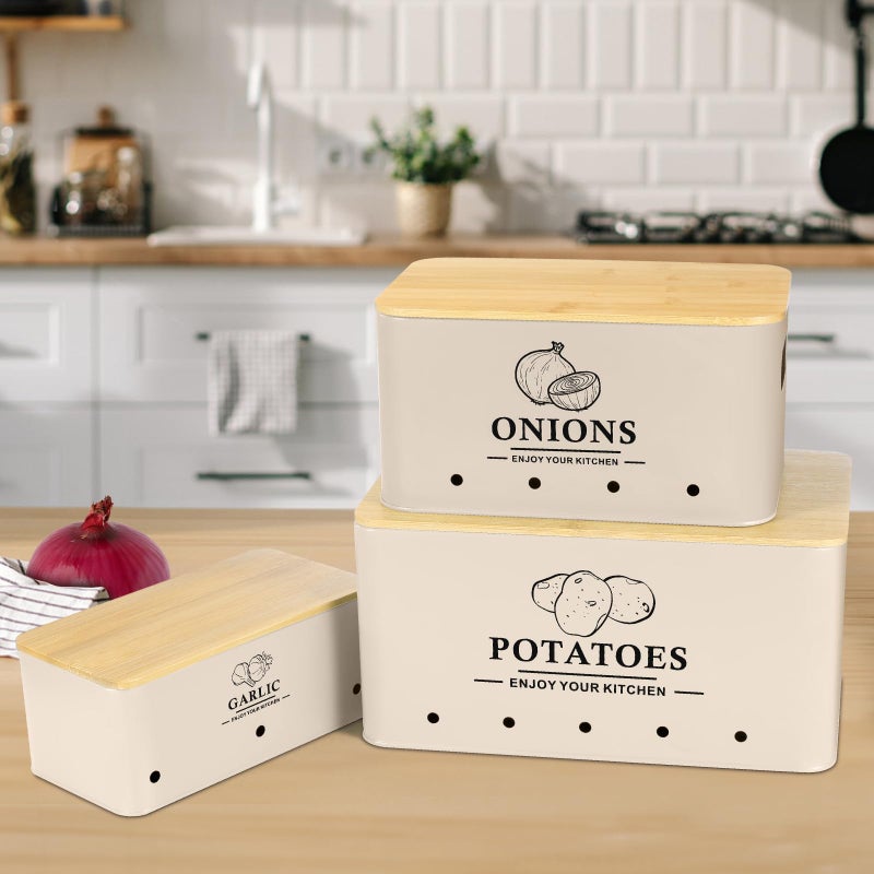 Dekosilave Kitchen Vegetable Storage Set of 3, Metal Onion Garlic Potato Storage Set, Kitchen Canisters Vegetable Keeper Containers with Aerating Holes and Wooden Lid (Beige) - Image 2
